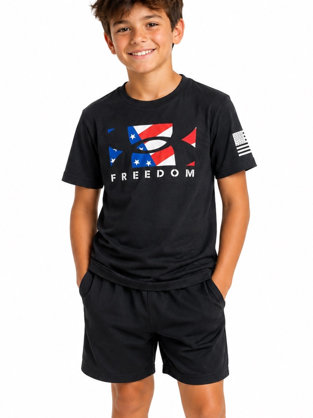 💗5 for $25💗 Under Armour Black Tee with Red & Blue Freedom Logo YXL